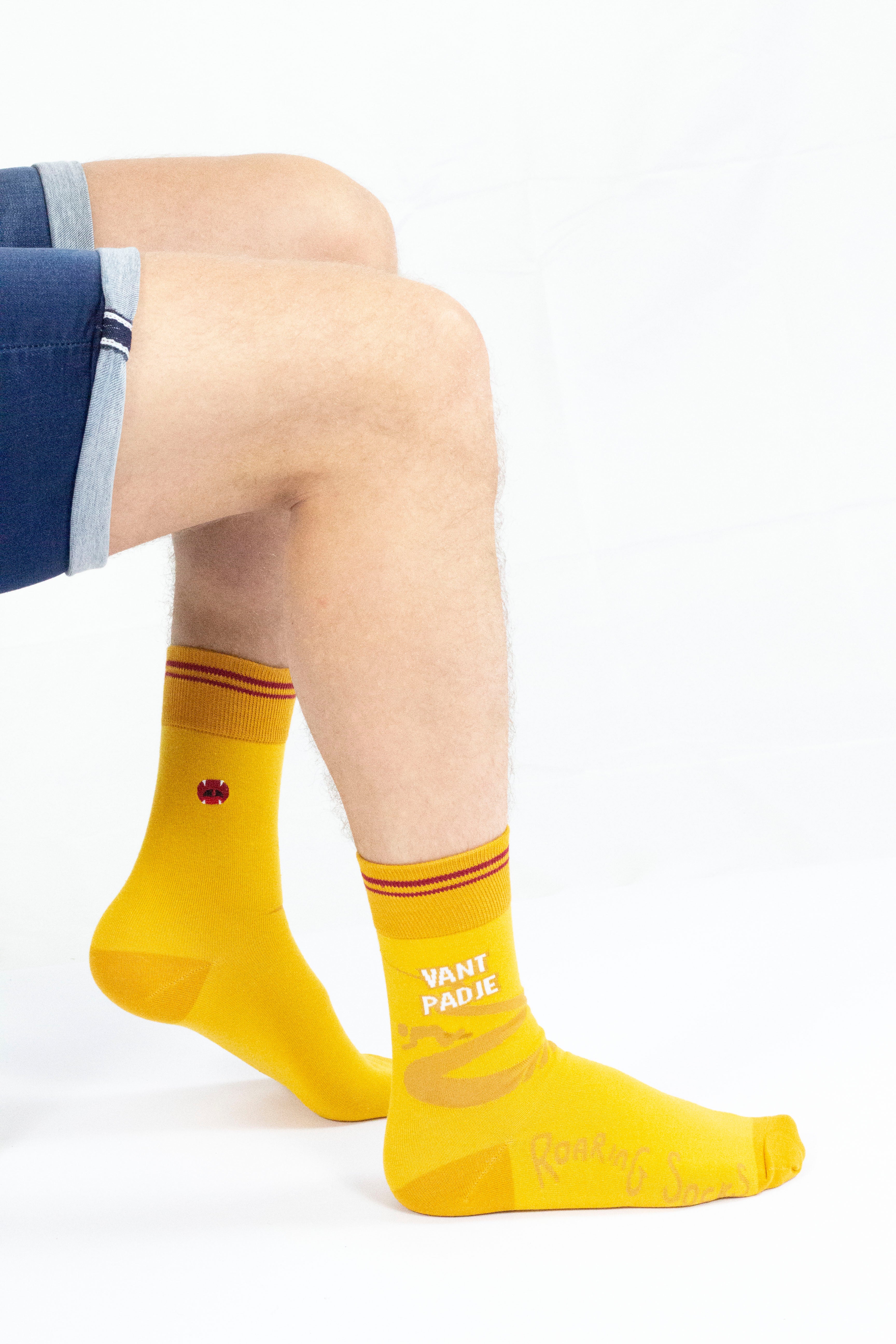 Roaring Socks - Sokken – Van’t padje - Geel – Scheef gaan – Zuipen – Drinken – Alcohol - Bier - Café - Katoen - Leuk - Grappig - Vrolijk - Fashion – Cadeau